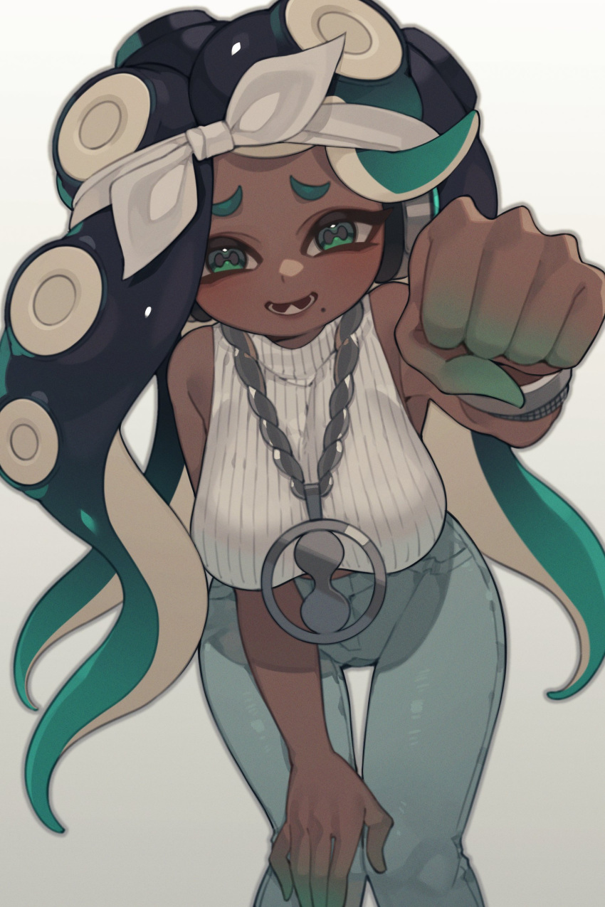 5_fingers absurd_res animal_humanoid bare_shoulders beauty_mark bottomwear breasts cephalopod cephalopod_humanoid clothing dark_body dark_skin female fingers green_eyes hi_res humanoid jewelry marina_(splatoon) marine marine_humanoid mollusk mollusk_humanoid nintendo octarian octoling open_mouth open_smile pants prat-rat pseudo_hair shirt simple_background smile solo splatoon suction_cup tentacle_hair tentacles topwear