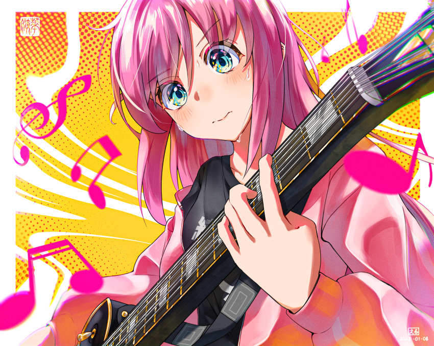 1girl absurdres artist_logo black_shirt blue_eyes blush bocchi_the_rock! border closed_mouth commentary electric_guitar english_commentary eruhanami gibson_les_paul gotoh_hitori guitar hair_between_eyes hand_up highres holding holding_instrument instrument jacket long_hair long_sleeves music musical_note open_clothes open_jacket outside_border pink_hair pink_jacket playing_instrument puffy_long_sleeves puffy_sleeves shirt sidelocks solo sweat t-shirt track_jacket upper_body white_border