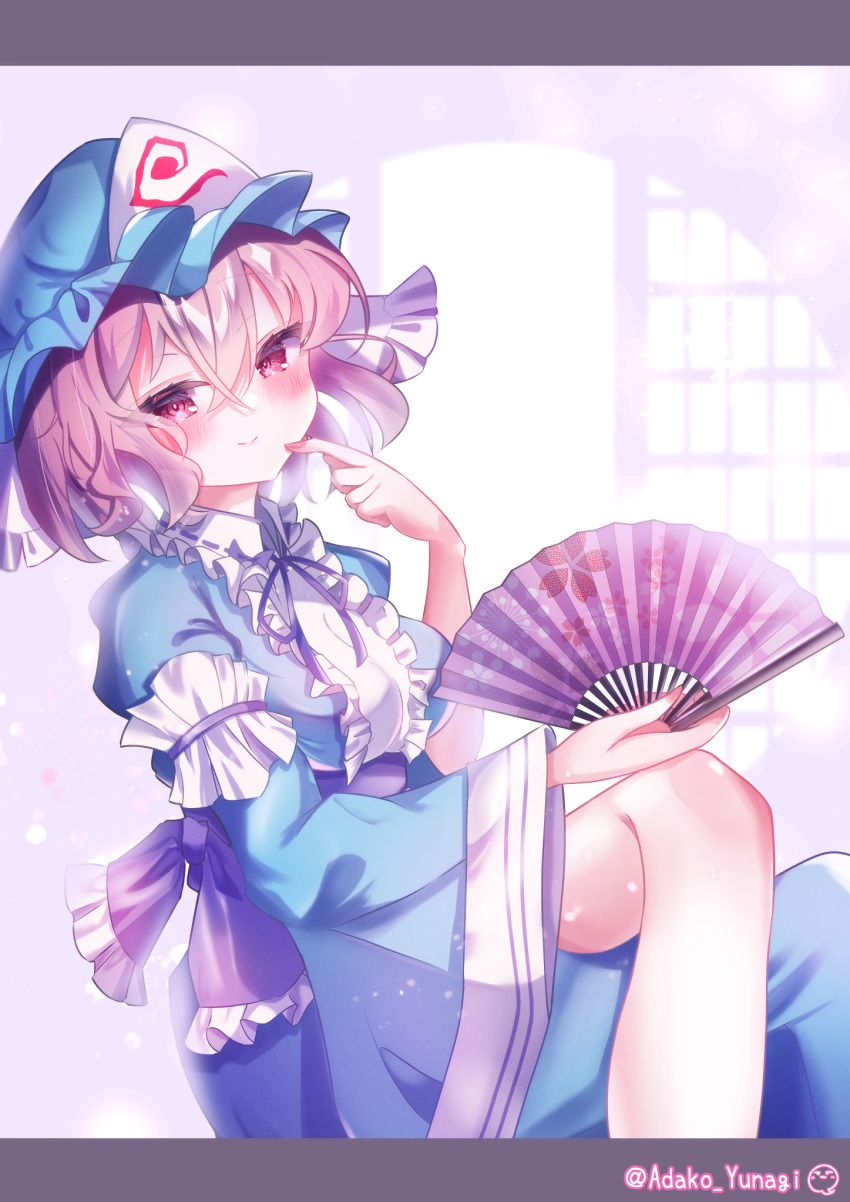 1girl adako_yunagi blue_headwear blue_kimono blush closed_mouth commentary_request folding_fan frilled_kimono frills hand_fan highres holding holding_fan japanese_clothes kimono long_sleeves looking_at_viewer pink_eyes saigyouji_yuyuko signature smile solo touhou twitter_username wide_sleeves