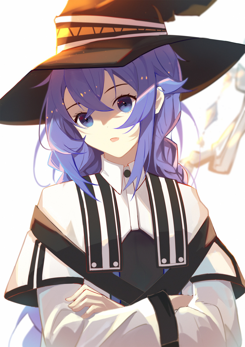 1girl bangs blue_hair braid chinese_commentary collar crossed_arms hair_behind_ear hair_between_eyes hat head_tilt highres jijing_zishui long_hair long_sleeves looking_at_viewer mushoku_tensei open_mouth ribbon roxy_migurdia solo sunlight twin_braids very_long_hair white_background witch_hat