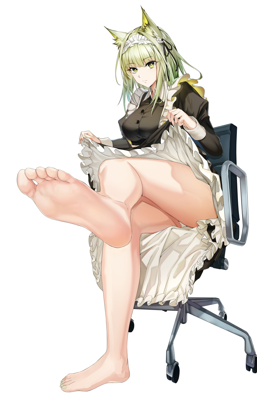 1girl absurdres animal_ear_fluff animal_ears apron arknights ass bare_legs barefoot chair clothes_lift commentary_request dress feet feet_up foot_focus foreshortening frilled_apron frills full_body green_dress green_eyes highres kal'tsit_(arknights) legs looking_at_viewer maid maid_apron maid_headdress official_alternate_costume panties short_hair simple_background skirt skirt_lift soles toes underwear white_apron white_background xo_(xo17800108)