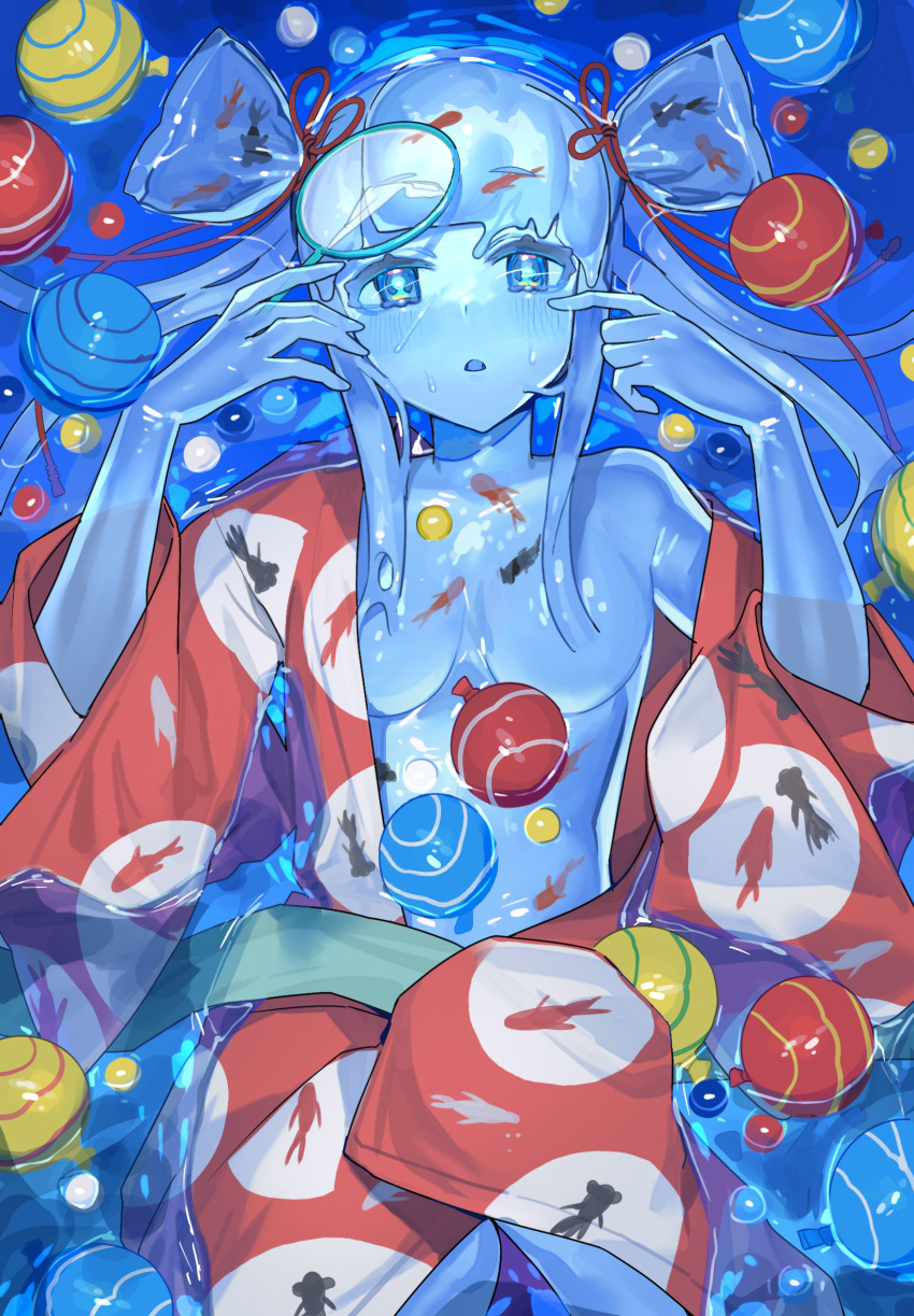 1girl :o animal_print bag bagged_fish blue_eyes blue_hair blue_skin blush breasts colored_skin commentary fish fish_print goldfish_print goldfish_scooping highres in_water japanese_clothes kimono long_hair lying monster_girl on_back open_clothes open_kimono original red_kimono sakoku_(oyatsu3ji_) sidelocks slime_girl small_breasts symbol-only_commentary twintails water_yoyo