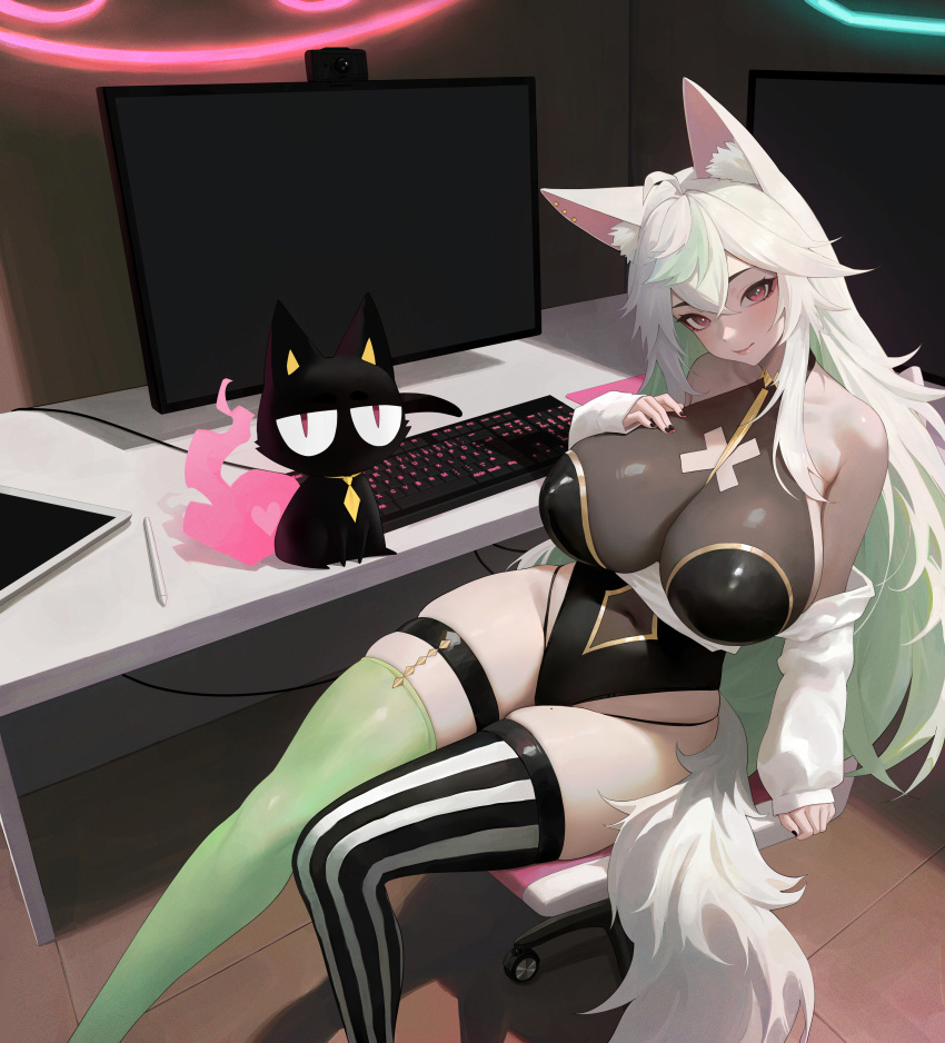 1girl absurdres animal_ears asymmetrical_legwear bare_shoulders black_cat black_leotard bodystocking breasts cat cleavage closed_mouth commission curvy dazey_(vtuber) fox_ears fox_girl fox_tail green_hair highres indie_virtual_youtuber indoors keyboard_(computer) kiek_qaq large_breasts leotard looking_at_viewer mismatched_legwear monitor multicolored_hair off_shoulder on_chair pink_eyes pixiv_commission shirt sitting table tail thigh_strap thighhighs two-tone_hair virtual_youtuber webcam white_hair white_shirt