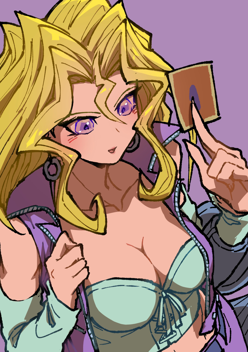 1girl absurdres blonde_hair breasts card cleavage collarbone corset crop_top detached_sleeves duel_disk earrings hair_between_eyes highres holding holding_card jacket jewelry kujaku_mai large_breasts long_hair midriff open_clothes open_jacket open_mouth purple_background purple_eyes purple_jacket sleeveless sleeveless_jacket solo white_corset youko-shima yu-gi-oh! yu-gi-oh!_duel_monsters