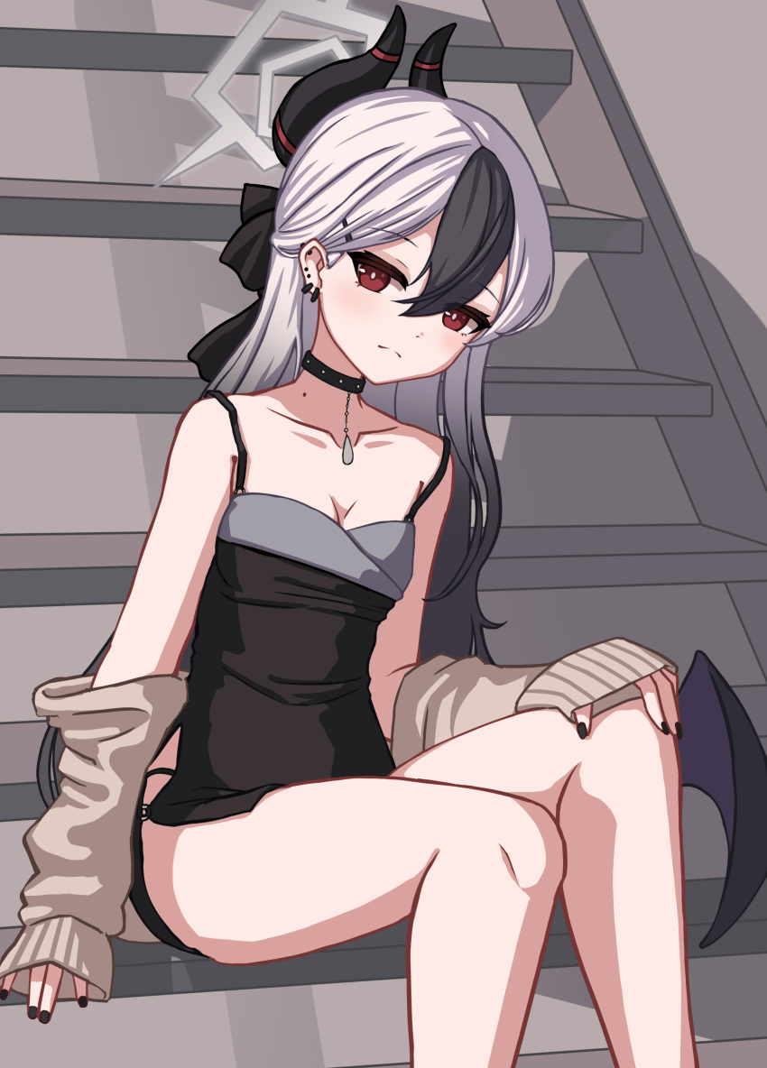 1girl absurdres bare_shoulders black_dress black_hair black_nails black_ribbon blue_archive breasts brown_jacket cleavage closed_mouth collarbone commentary_request dress ear_piercing feet_out_of_frame gradient_hair grey_hair hair_between_eyes hair_ribbon halo hand_on_own_knee highres horns jacket kayoko_(blue_archive) kayoko_(dress)_(blue_archive) long_hair long_sleeves looking_at_viewer low_wings medium_breasts multicolored_hair nail_polish off_shoulder piercing purple_wings red_eyes ribbon single_wing sitting sitting_on_stairs sleeves_past_wrists solo stairs stratosphere_(coom1017) two-tone_hair very_long_hair wings