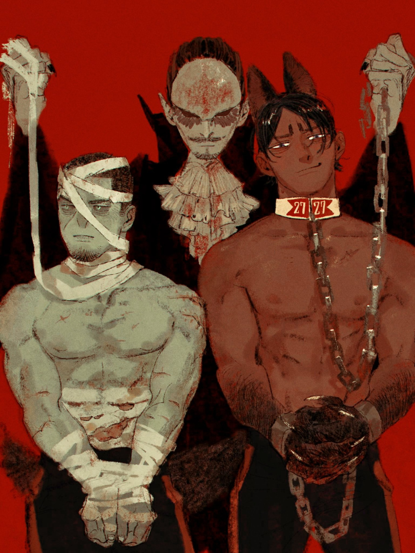 3boys animal_ears animal_hands bandaged_arm bandaged_head bandaged_torso bandages black_eyes blood blood_on_bandages bound bound_arms bound_wrists chain chain_leash chengongzi123 claws closed_mouth collar colored_sclera colored_skin cuffs dark-skinned_male dark_skin english_commentary facial_hair goatee goatee_stubble golden_kamuy green_skin grey_sclera halloween high_collar highres koito_otonoshin leash looking_at_another looking_at_viewer male_focus monsterification multiple_boys mummy mustache nipples parted_lips pointy_ears red_background shackles simple_background smirk standing stubble tail toned toned_male topless_male tsukishima_hajime tsurumi_tokushirou upper_body vampire wolf_boy wolf_ears wolf_tail