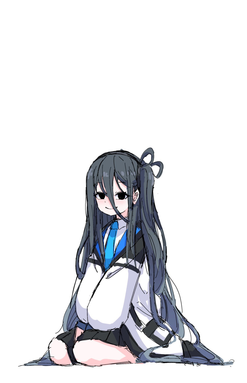 1girl absurdly_long_hair aris_(blue_archive) arms_between_legs black_eyes black_hair black_hairband black_jacket black_skirt blue_archive blue_necktie collared_shirt dr_yamero hair_between_eyes hairband highres jacket long_bangs long_hair multicolored_clothes multicolored_jacket necktie no_halo one_side_up open_clothes open_jacket pleated_skirt shirt sitting skirt solo very_long_hair white_jacket white_shirt