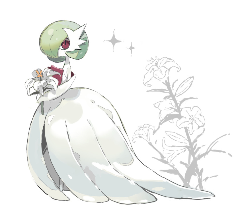 absurdres aisutabetao colored_skin flower full_body gardevoir green_hair hair_over_one_eye highres mega_gardevoir mega_pokemon multicolored_skin pokemon pokemon_(creature) red_eyes red_skin simple_background solo sparkle two-tone_skin white_background white_flower white_skin