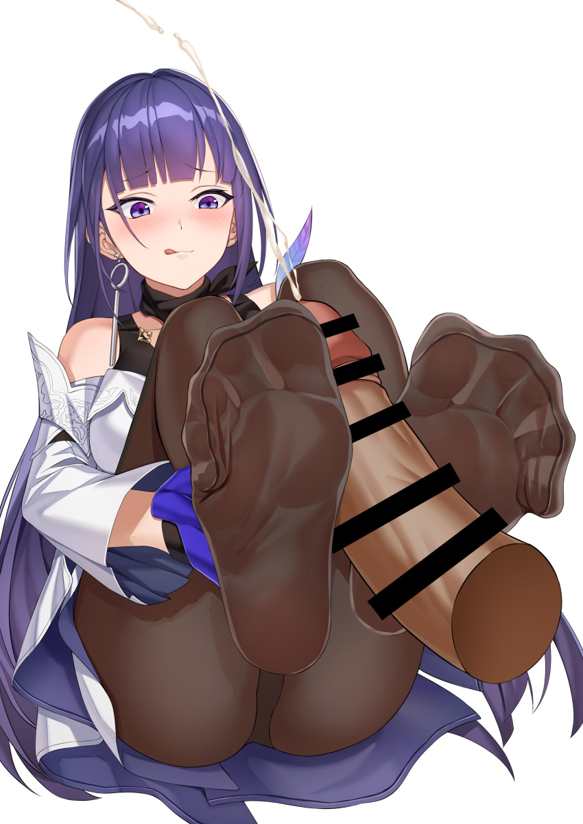 1girl absurdres black_panties blue_gloves blunt_bangs blush brown_pantyhose chinese_commentary closed_mouth clothing_cutout collarbone commentary_request dress earrings eyelashes feet feet_up foot_focus footjob foreshortening full_body gloves hand_on_own_leg highres honkai_(series) honkai_impact_3rd jewelry knees_up leaning_back legs long_hair looking_at_viewer no_shoes panties panties_under_pantyhose pantyhose purple_eyes purple_hair raiden_mei raiden_mei_(apho) short_dress shoulder_cutout sidelocks simple_background sitting soles solo spread_toes thighs toenails toes underwear white_background white_dress xo_(xo17800108)