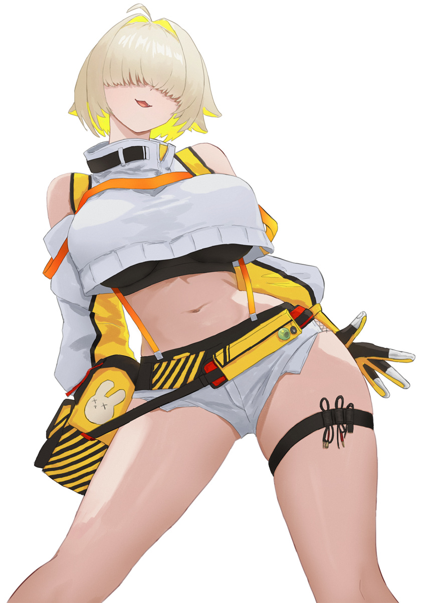 1girl ahoge bare_shoulders belly_grab black_sports_bra blonde_hair blush breasts clothing_cutout crop_top crop_top_overhang cropped_sweater detached_sleeves elegg_(nikke) exposed_pocket gloves goddess_of_victory:_nikke grey_shorts hair_intakes hair_over_eyes herfstijl highres large_breasts long_bangs long_sleeves multicolored_clothes multicolored_gloves multicolored_hair navel open_mouth shorts shoulder_cutout simple_background smile solo sports_bra suspender_shorts suspenders thigh_strap two-tone_hair upright_ahoge white_background yellow_gloves