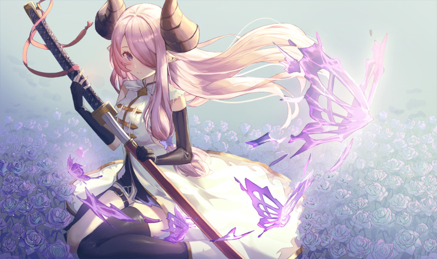 1girl black_gloves black_thighhighs blush breasts bug butterfly butterfly_hair_ornament collared_dress dress elbow_gloves field fingerless_gloves flower flower_field gloves glowing_butterfly gold_trim granblue_fantasy hair_ornament hair_over_one_eye haires holding holding_sword holding_weapon horns katana large_breasts light_rays long_hair looking_at_viewer narmaya_(granblue_fantasy) outdoors pink_eyes pink_hair pointy_ears purple_flower purple_rose rose scabbard sheath sideboob sidelocks single_thighhigh sitting sleeveless sleeveless_dress smile sunbeam sunlight sword thigh_strap thighhighs very_long_hair wariza weapon white_dress
