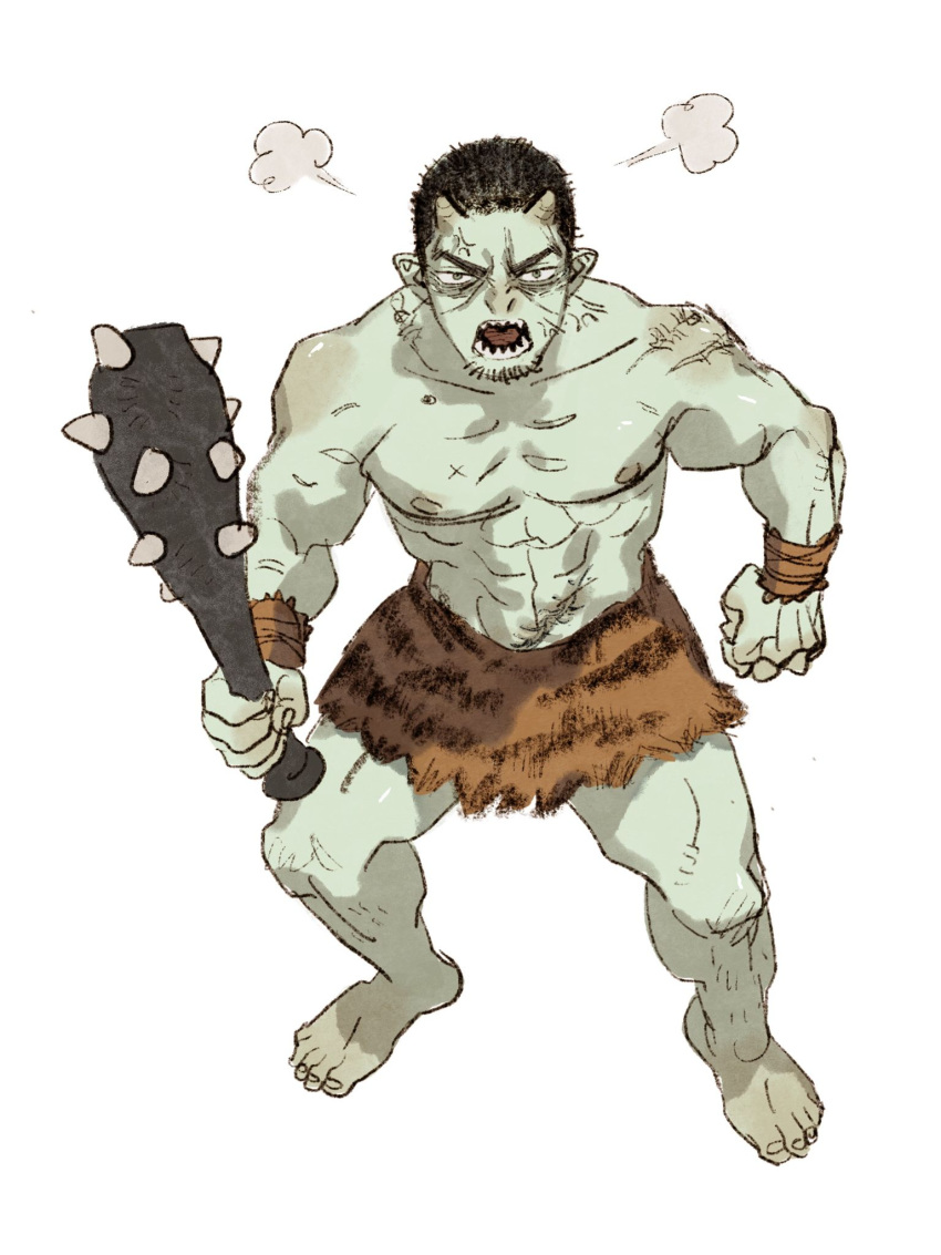 1boy angry barefoot chengongzi123 clenched_hand club_(weapon) colored_skin facial_hair full_body goatee_stubble golden_kamuy green_eyes green_horns green_skin highres holding holding_weapon horns kanabou leg_hair loincloth looking_at_viewer male_focus monster_boy monsterification oni open_mouth pointy_ears puff_of_air scar scar_on_arm scar_on_chest scar_on_stomach sharp_teeth simple_background small_horns standing stubble teeth toned toned_male tsukishima_hajime veins weapon white_background