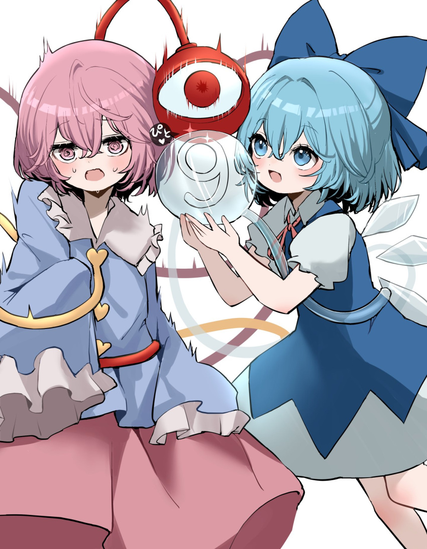 2girls :d arm_at_side ball black_dress blue_bow blue_eyes blue_hair blue_shirt blush bow cirno cold collared_shirt commentary_request cowboy_shot dress frilled_shirt_collar frilled_sleeves frills hair_between_eyes hair_bow hands_up heart highres holding holding_ball ice ice_wings iceball komeiji_satori long_sleeves looking_at_another looking_at_viewer medium_hair mikan_(manmarumikan) multiple_girls neck_ribbon open_mouth pink_eyes pink_hair pink_skirt prank puffy_short_sleeves puffy_sleeves red_ribbon ribbon shirt short_hair short_sleeves simple_background skirt sleeveless sleeveless_dress sleeves_past_fingers sleeves_past_wrists smile sound_effects sweat third_eye touhou white_background white_shirt wide-eyed wings