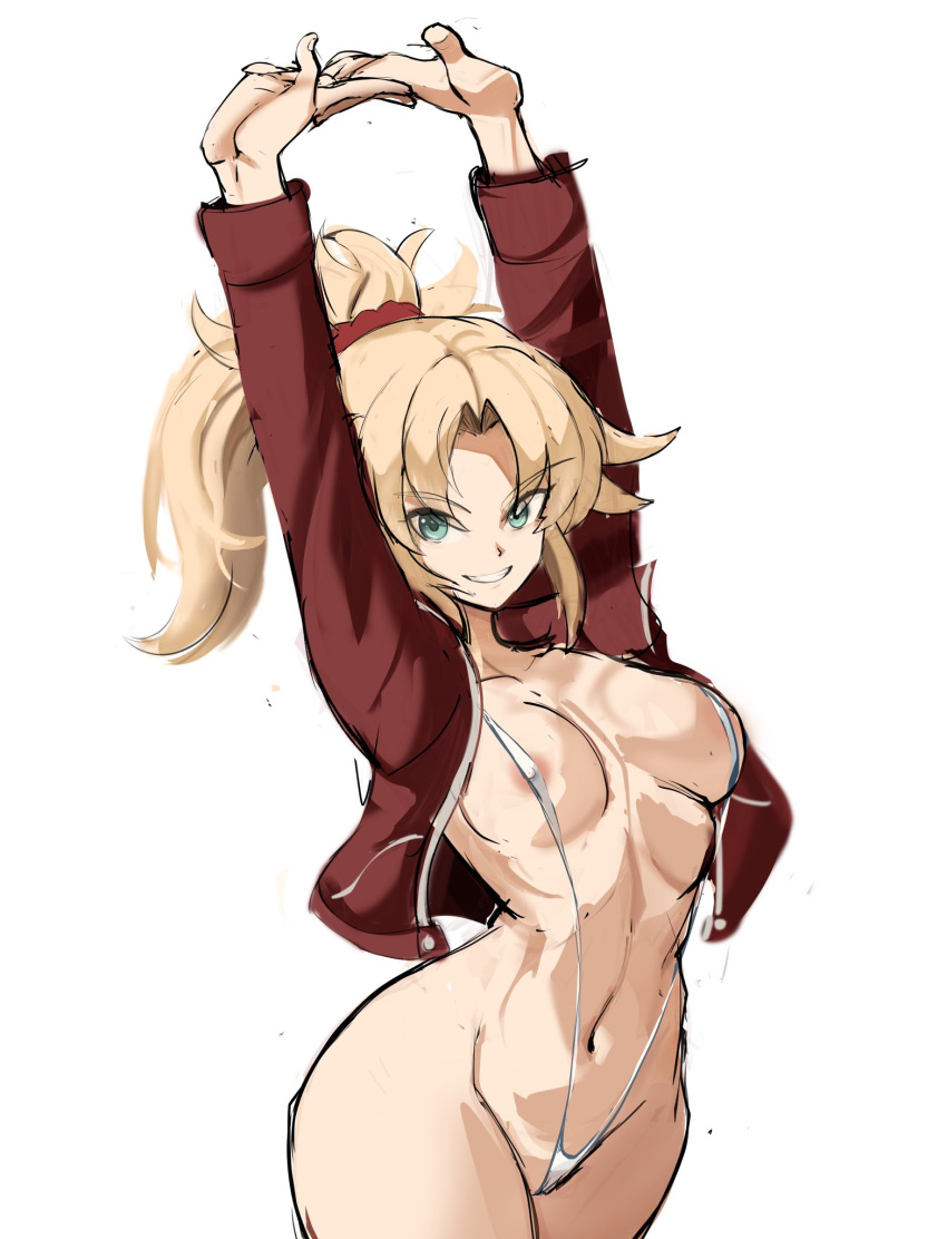 1girl areola_slip bandeau bikini blonde_hair breasts commentary cowboy_shot cutoffs english_commentary fate/apocrypha fate_(series) green_eyes hair_ornament hair_scrunchie highres jacket linea_alba medium_breasts micro_bikini micro_shorts mordred_(fate) mordred_(fate/apocrypha) mordred_(memories_at_trifas)_(fate) navel open_clothes open_jacket ponytail rakeemspoon red_jacket red_scrunchie scrunchie shirt shorts slingshot_swimsuit solo swimsuit thighs white_bikini