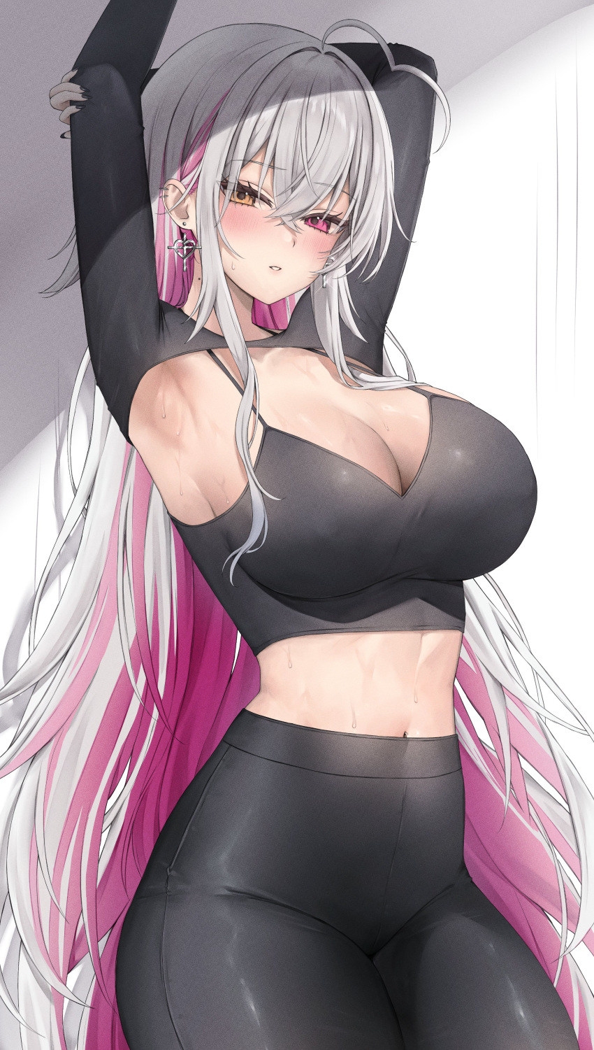 1girl absurdres ahoge armpits arms_up black_pants brown_eyes camisole colored_inner_hair commentary_request cowboy_shot crop_top earrings grey_hair heterochromia highres jewelry leggings looking_at_viewer midriff multicolored_hair navel original pants parted_lips purple_eyes purple_hair shrug_(clothing) solo spaghetti_strap standing stomach sweat thighs vitaminechan vivi_(vitaminechan)
