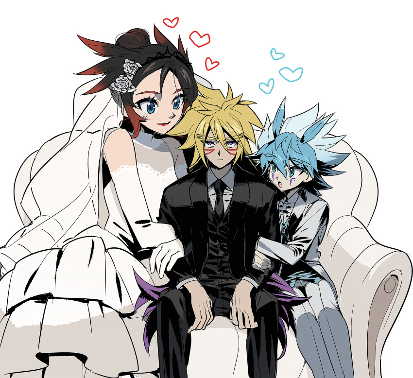 1girl 2boys bbr_888 blonde_hair blue_eyes blue_hair couch dress green_eyes heart highres hiramori_mitsuko long_hair multiple_boys on_couch purple_eyes simple_background suit tuxedo wedding_dress white_background white_dress white_suit yu-gi-oh! yu-gi-oh!_go_rush!! yudias_velgear zuwijo_zir_velgear