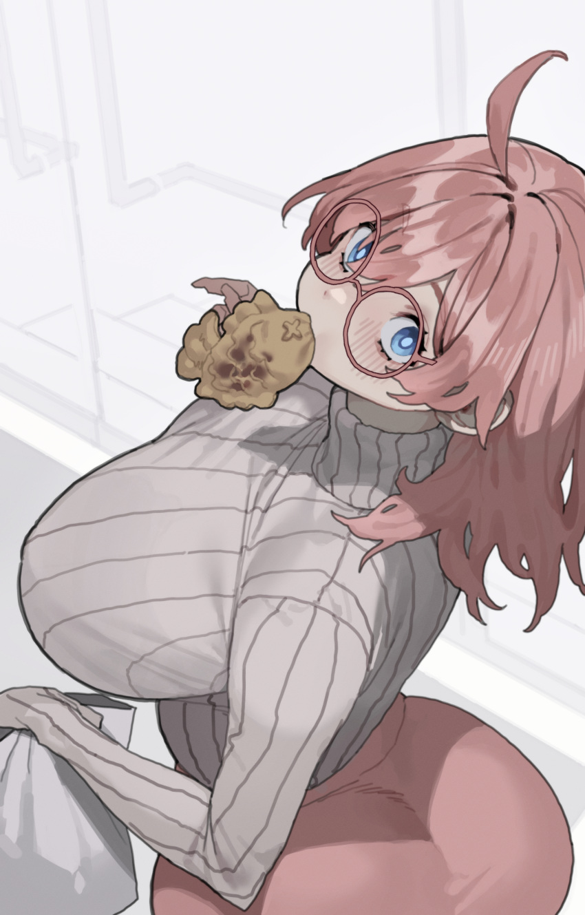 1girl ahoge ass blue_eyes blush breasts commentary food glasses highres huge_breasts long_sleeves looking_at_viewer looking_to_the_side mimyo mouth_hold original pants pink-framed_eyewear pink_hair pink_pants ribbed_sweater round_eyewear solo sweater sweater_tucked_in taiyaki wagashi white_sweater