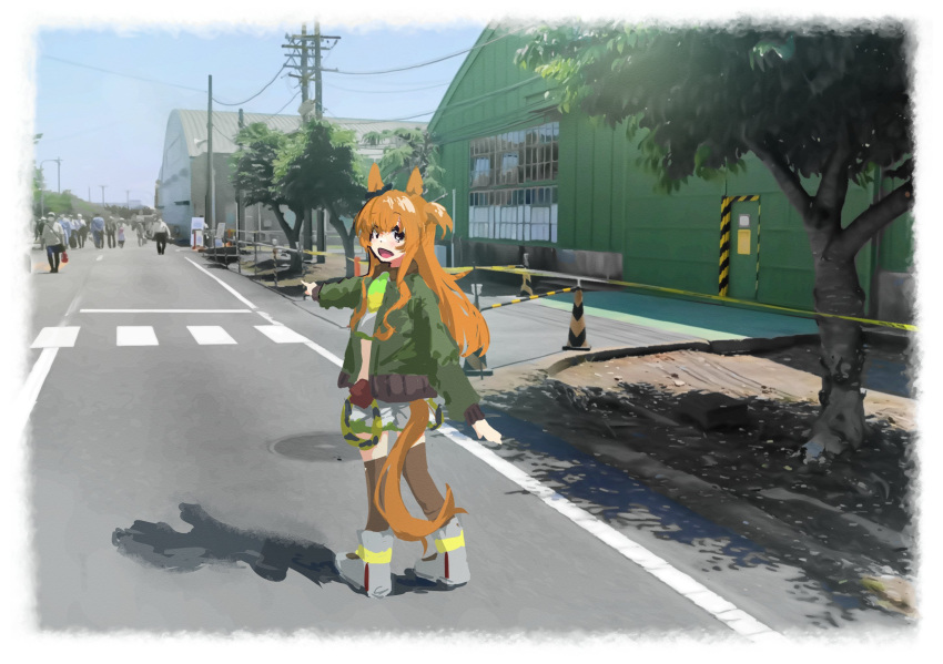 1girl animal_ears boots brown_thighhighs crop_top crosswalk day green_jacket highres horse_ears horse_girl horse_tail jacket long_hair long_sleeves looking_at_viewer looking_back mayano_top_gun_(umamusume) open_clothes open_jacket open_mouth orange_hair outdoors outstretched_arm people photo_background pointing ram_(p_searam) shadow shirt shorts smile standing tail thighhighs tree two_side_up umamusume white_shorts