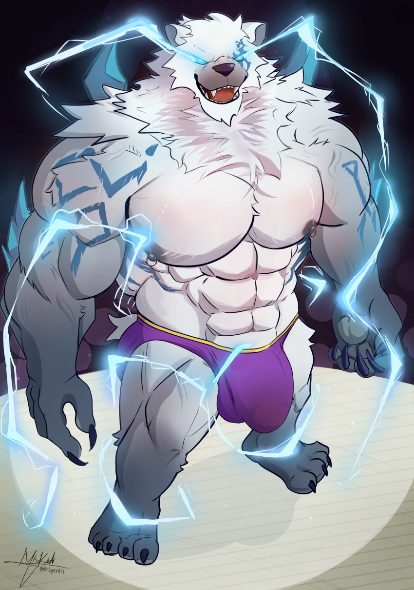 absurd_res anthro bear big_muscles big_penis breasts bulge butt claws electricity genitals grin hi_res laugh league_of_legends lightning male male/male mammal mane mrlynxart muscular nipple_piercing nipples pecs penis piercing riot_games smile solo tattoo teeth tuft volibear white_body