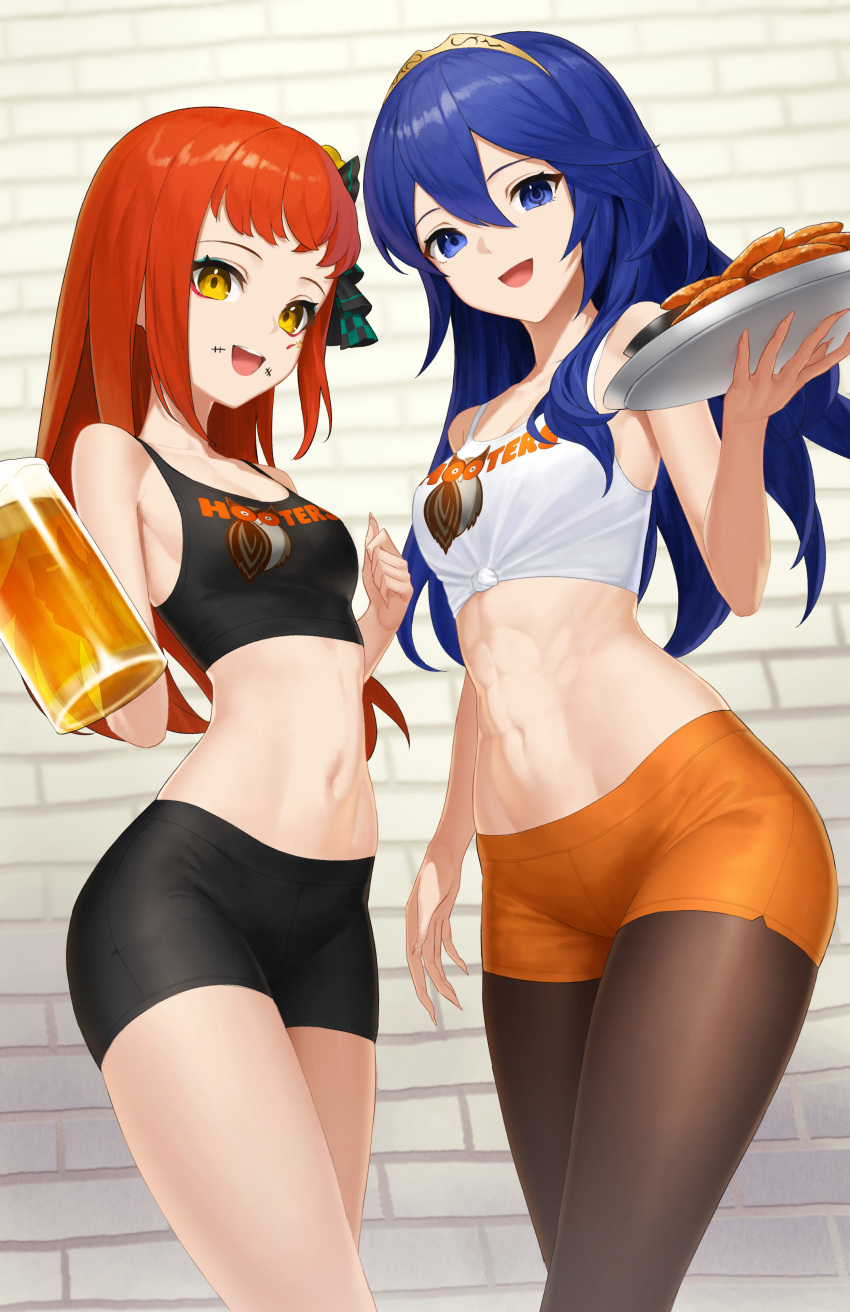 2girls absurdres aqua_eyeshadow bare_shoulders beer_mug blue_eyes blue_hair brick_wall chicken_(food) chicken_wing commission commissioner_upload cup dhokidoki eyeliner eyeshadow facial_mark fire_emblem fire_emblem_awakening fire_emblem_engage food hair_between_eyes highres holding holding_cup holding_plate hooters lucina_(fire_emblem) makeup midriff mug multiple_girls navel non-web_source open_mouth orange_hair panette_(fire_emblem) plate red_eyeliner short_bangs stitched_mouth stitches tiara yellow_eyes