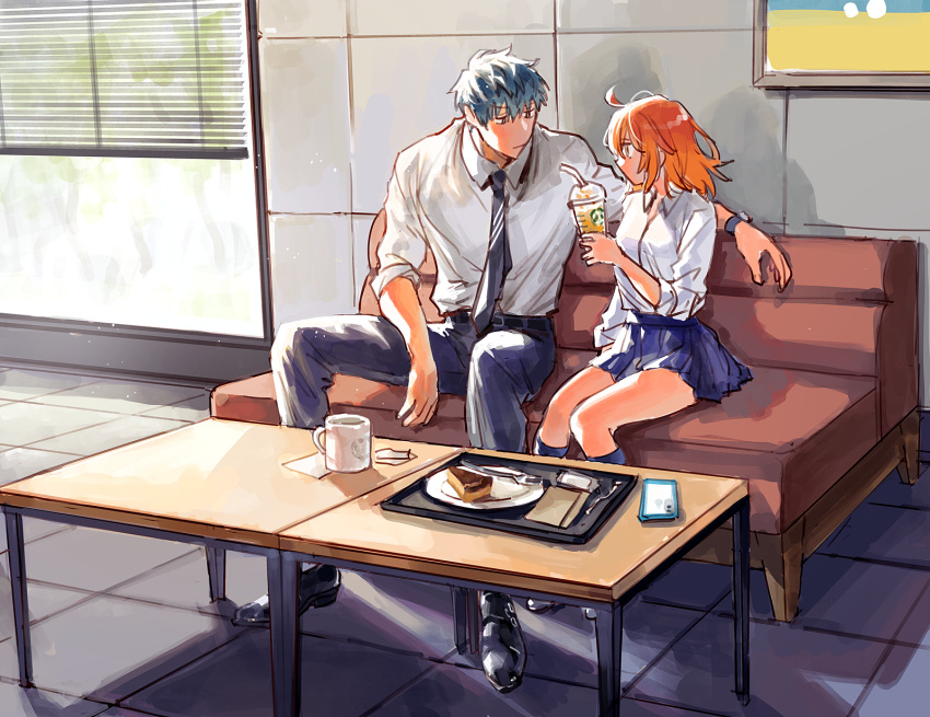 1boy 1girl ahoge alternate_costume belt black_belt black_footwear blue_pants blue_skirt blue_socks cake cake_slice cellphone closed_mouth collared_shirt couch cup disposable_cup drink drinking_straw eye_contact fate/grand_order fate_(series) food fork fujimaru_ritsuka_(female) grey_hair grey_necktie hair_between_eyes hair_down highres holding holding_cup holding_drink indoors kneehighs looking_at_another medium_hair mug necktie on_couch orange_eyes orange_hair pants phone plate pleated_skirt saitou_hajime_(fate) sharing_food shirt shoes short_hair sitting skirt sleeves_past_elbows sleeves_rolled_up smartphone socks starbucks table tile_floor tiles tray uni_(nico02) watch white_shirt window window_blinds wristwatch yellow_eyes