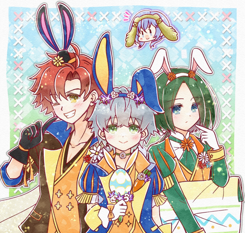 animal_ears ashe_ubert ashe_ubert_(spring) blue_eyes blue_suit brown_suit easter easter_egg egg fire_emblem fire_emblem:_three_houses fire_emblem_heroes gloves green_eyes green_suit grey_hair highres linhardt_von_hevring linhardt_von_hevring_(spring) messy_hair one_eye_closed rabbit_ears red_hair smile suit sylvain_jose_gautier sylvain_jose_gautier_(spring) thinking yellow_eyes yuri_leclerc yurioarp