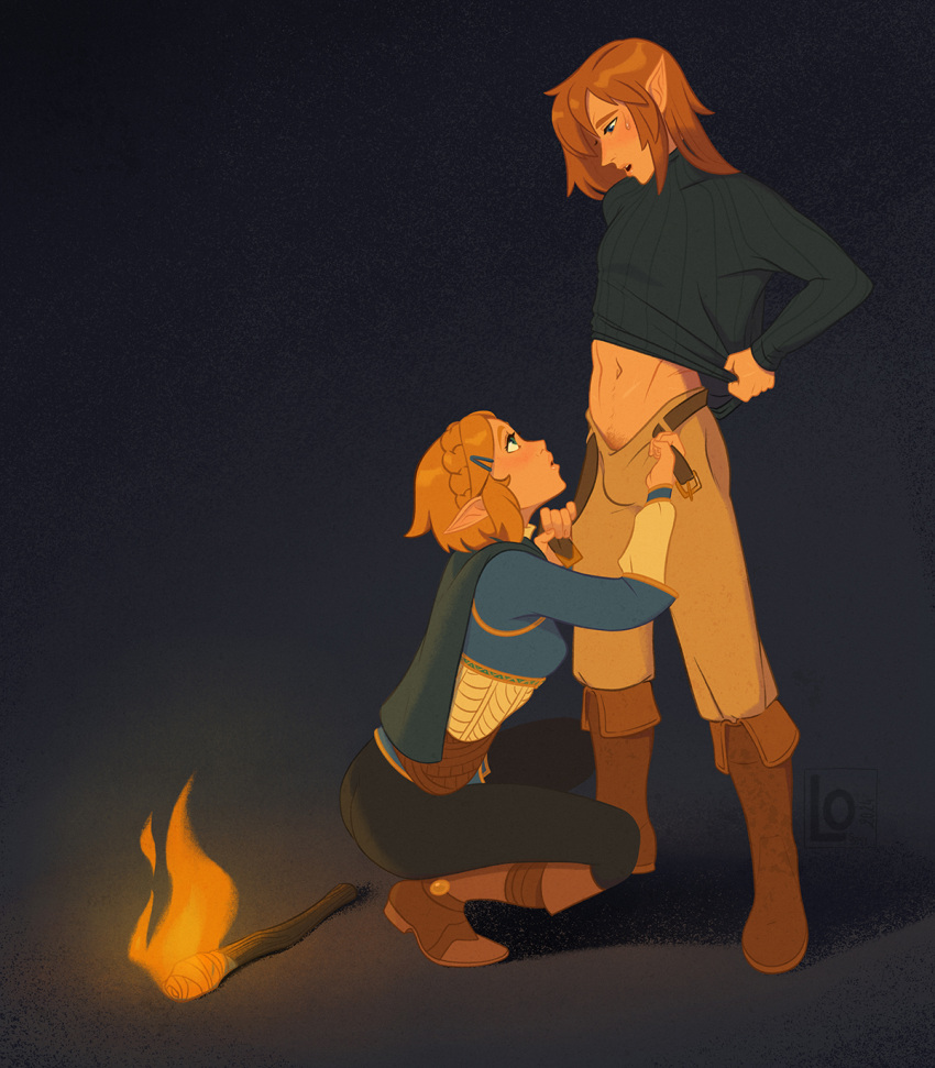 1boy 1girl belt blonde_hair blue_eyes blush boots breasts brown_footwear brown_hair bulge capelet commentary couple english_commentary eye_contact fire full_body hetero highres imminent_fellatio knee_boots link looking_at_another lophilia_spicy male_pubic_hair mullet open_belt pointy_ears princess_zelda pubic_hair short_hair small_breasts squatting the_legend_of_zelda the_legend_of_zelda:_tears_of_the_kingdom torch undressing_another