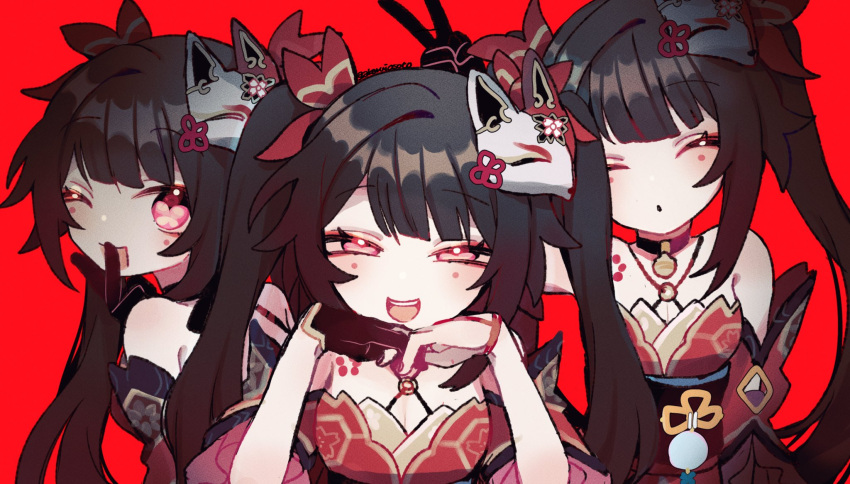 3girls :d akaruiosoto black_gloves bow breasts brown_hair cleavage clone closed_eyes dress facing_viewer fox_mask gloves gradient_hair hair_bow half-closed_eyes hands_on_own_chin head_rest highres honkai:_star_rail honkai_(series) large_breasts long_hair looking_at_viewer mask mask_on_head multicolored_hair multiple_girls one_eye_closed open_mouth own_hands_together pink_eyes red_background red_bow red_dress red_hair sidelocks simple_background single_glove sleeveless sleeveless_dress smile sparkle_(honkai:_star_rail) straight-on teeth twintails upper_body upper_teeth_only v_over_mouth