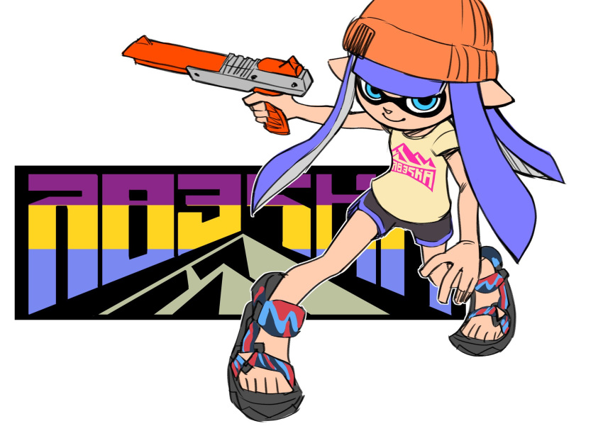 1girl beanie black_shorts blue_eyes blue_hair closed_mouth commentary_request dolphin_shorts full_body gun hat highres hiking_sandals holding holding_gun holding_weapon inkling inkling_girl inkling_player_character long_hair n-zap_(splatoon) orange_headwear pointy_ears print_shirt sandals shirt shorts simple_background smile solo splatoon_(series) splatoon_3 tentacle_hair weapon white_background xdies_ds yellow_shirt