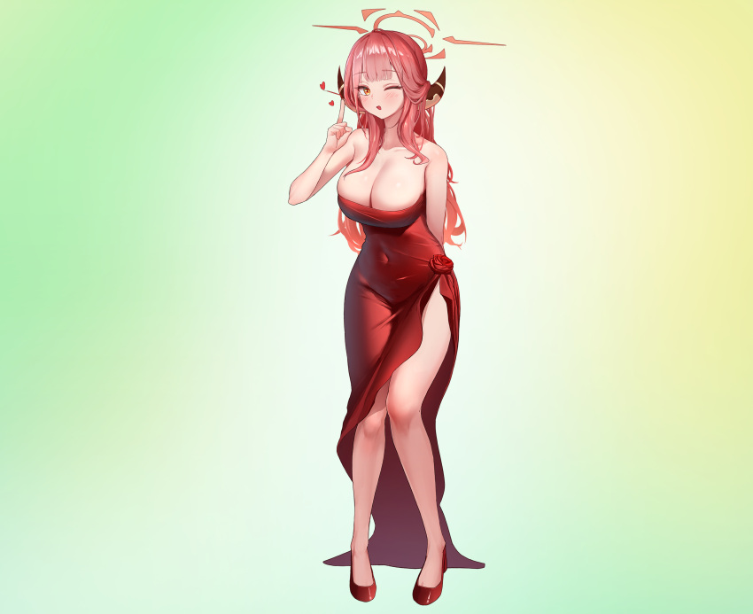 1girl ;o absurdres arm_behind_back aru_(blue_archive) aru_(dress)_(blue_archive) bare_legs bare_shoulders blue_archive blush breasts cleavage collarbone commentary covered_navel damgnim demon_horns dress full_body gradient_background halo heart high_heels highres horns large_breasts long_hair looking_at_viewer official_alternate_costume one_eye_closed pink_hair red_dress red_footwear simple_background solo very_long_hair