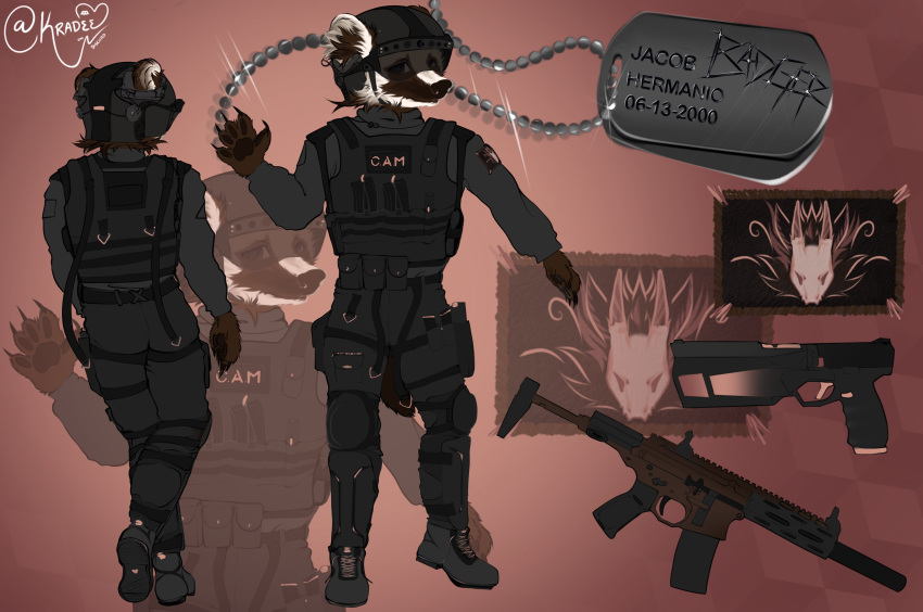 absurd_res anthro assault_rifle badger black_body boots bottomwear brown_body brown_eyes brown_fur brown_hair c.a.m. capensis claws clothed clothing combat_boots digital_drawing_(artwork) digital_media_(artwork) digitigrade dog_tags fingers fluffy fluffy_ears fluffy_hair footwear fur girly gun hair handgun headgear hi_res honey_badger honey_badger_(gun) jacob_"honey"_hermanios kradee lokrad looking_at_viewer male mammal mellivora military military_helmet military_pants military_uniform model_sheet mustelid musteline patch_(fabric) pink pistol pistol_holster ranged_weapon rifle screen simple_background smile soldier solo special_forces streetwear tail techwear text topwear tuft uniform warrior weapon white_body white_fur white_hair