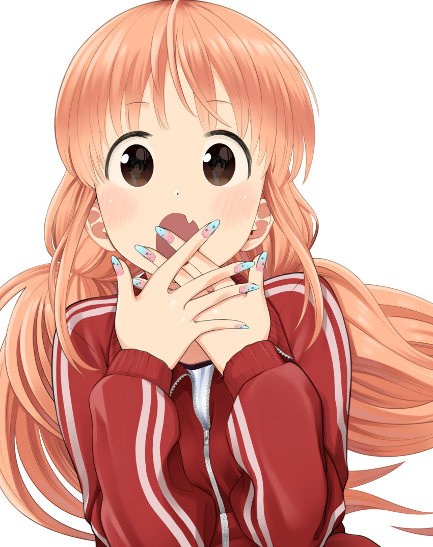 1boy 1girl black_eyes blush character_request covering_own_mouth eye_reflection fang fingernails highres hoshino_me_wo_tsubutte. hoshino_misaki jacket long_fingernails long_hair looking_at_viewer nagashii_kouhei nail_art open_mouth orange_hair own_hands_together reflection simple_background skin_fang solo_focus track_jacket upper_body white_background