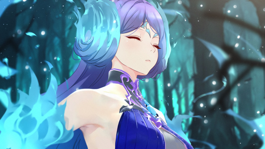 1girl armpit_peek bare_shoulders blue_fire blue_hair blurry blurry_background brighid_(xenoblade) closed_eyes closed_mouth commentary fiery_hair fire forest highres long_hair multicolored_hair nature purple_hair sculp2 solo two-tone_hair upper_body xenoblade_chronicles_(series) xenoblade_chronicles_2