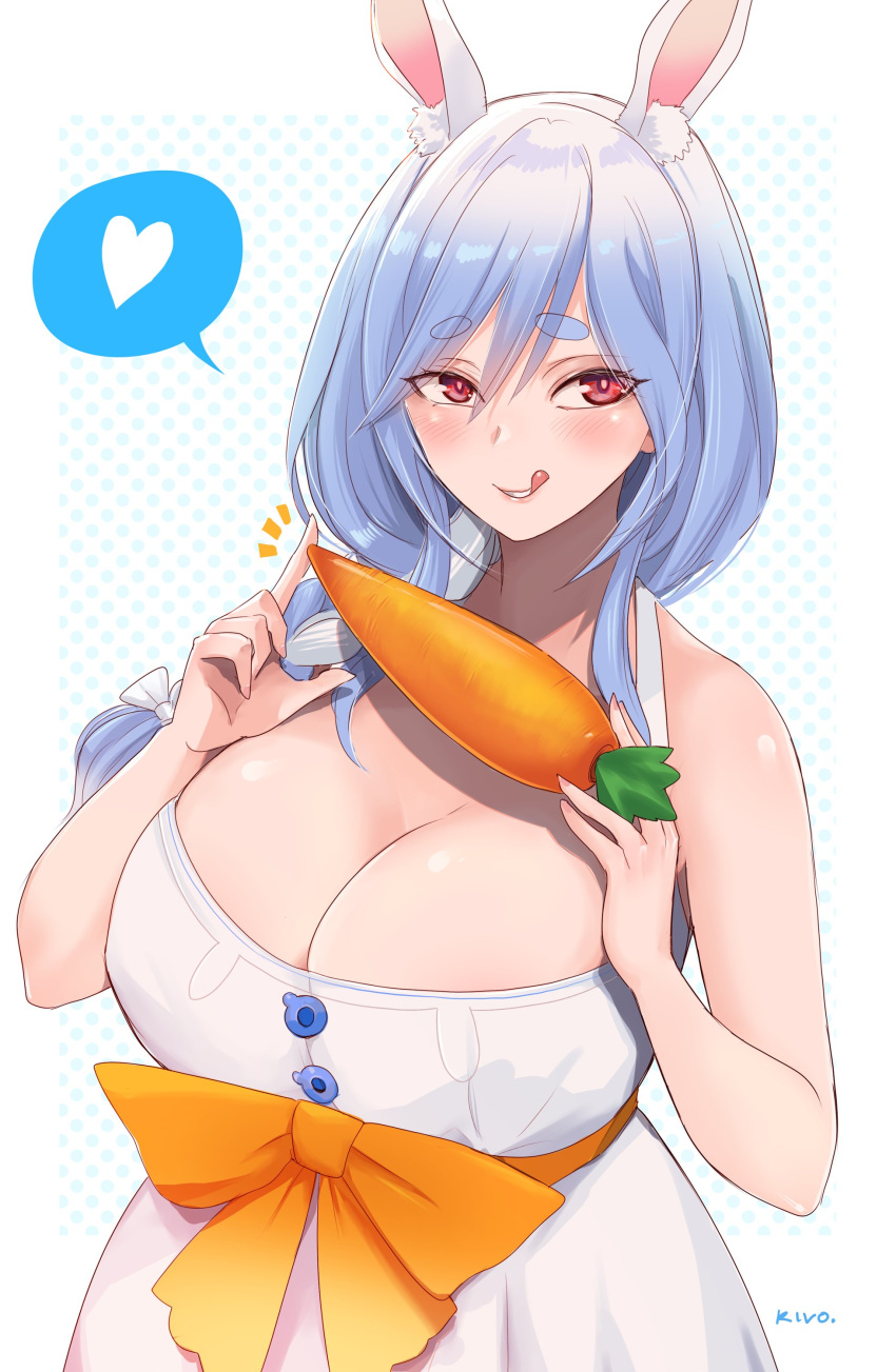 1girl :q absurdres animal_ear_fluff animal_ears blue_hair blush braid braided_ponytail breasts dress food highres hololive kivo large_breasts licking_lips long_hair mature_female multicolored_hair naughty_face pekomama phallic_symbol rabbit_ears rabbit_girl red_eyes sexually_suggestive short_eyebrows solo streaked_hair thick_eyebrows tongue tongue_out virtual_youtuber white_dress white_hair