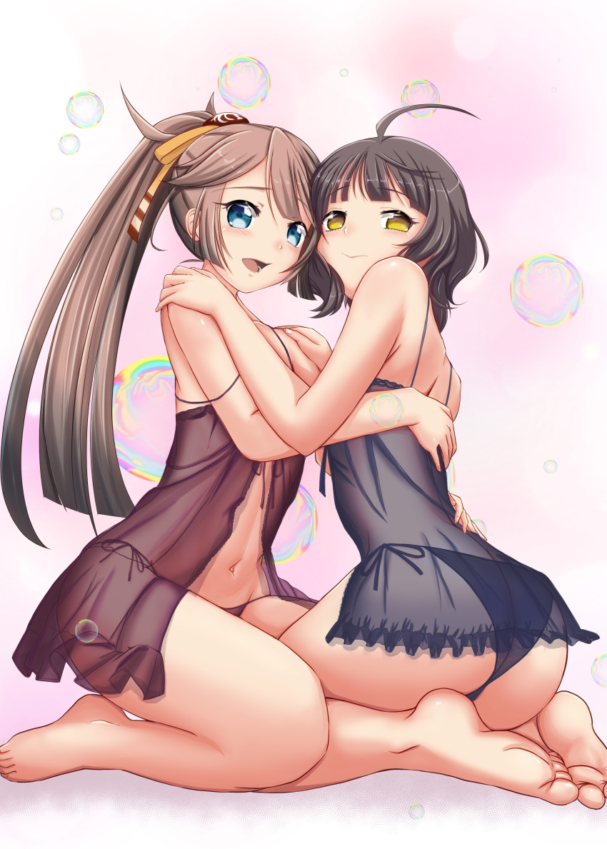 2girls absurdres ahoge ass babydoll barefoot black_babydoll black_hair black_panties blue_eyes blunt_bangs brown_babydoll brown_hair brown_panties commentary_request hair_ribbon highres kantai_collection kazagumo_(kancolle) kishinami_(kancolle) long_hair moke_ro multiple_girls panties ponytail ribbon short_hair side-tie_panties underwear yellow_eyes