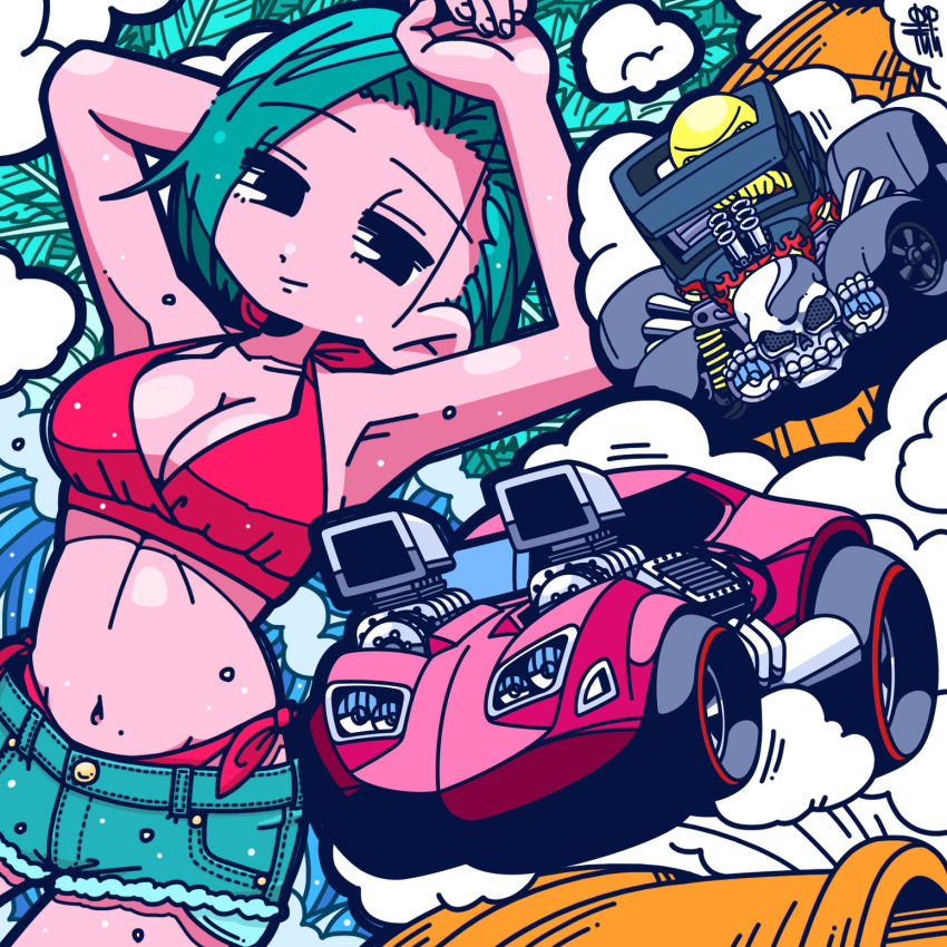 1girl 1other aqua_hair aqua_shorts bikini black_eyes bone_shaker_(hot_wheels) breasts car chibi choro-q cleavage collarbone denim denim_shorts driving halterneck highres hot_wheels looking_at_viewer medium_breasts motor_vehicle original parody red_bikini satosio short_shorts shorts smile smoke solo_focus style_parody swimsuit twin_mill_(hot_wheels)