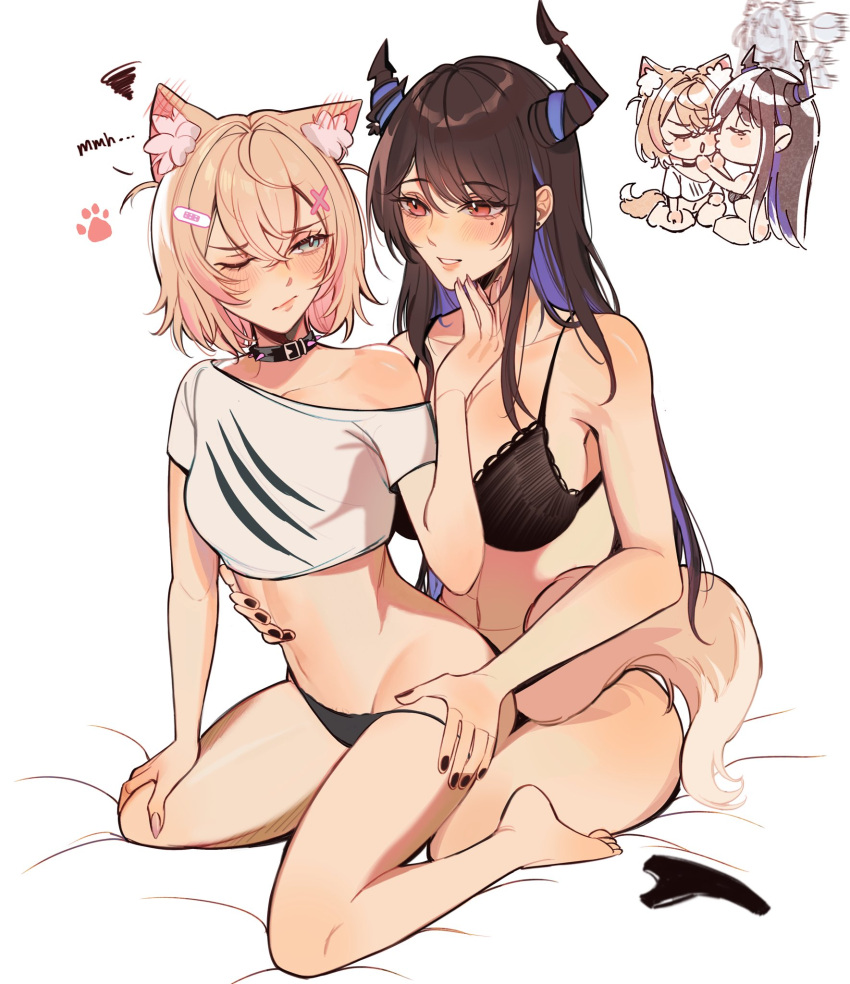 2girls amlichan animal_ear_fluff animal_ears asymmetrical_horns bare_shoulders black_hair blonde_hair blue_eyes blue_hair blush breasts colored_inner_hair crop_top cropped_shirt demon_horns dog_ears dog_girl hair_ornament highres hololive hololive_english horns large_breasts long_hair mococo_abyssgard mole mole_under_eye multicolored_hair multiple_girls nerissa_ravencroft pink_hair red_eyes smile streaked_hair two-tone_hair uneven_horns virtual_youtuber yuri