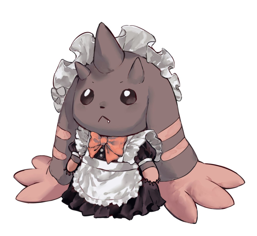 animal_ears black_eyes commentary_request digimon digimon_(creature) fang highres horns looking_up lop_rabbit_ears lopmon maid maid_headdress rabbit_ears sayoko404 simple_background solo white_background