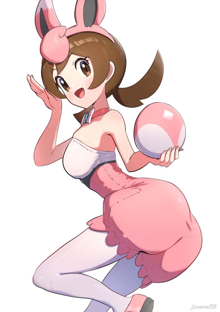 1girl absurdres alternate_costume animal_ears bare_shoulders breasts brown_hair commentary_request cosplay egg gonzarez highres holding holding_egg large_breasts long_hair looking_at_viewer lyra_(pokemon) pantyhose playboy_bunny pokemon pokemon_egg pokemon_hgss simple_background solo white_background white_pantyhose wigglytuff wigglytuff_(cosplay)