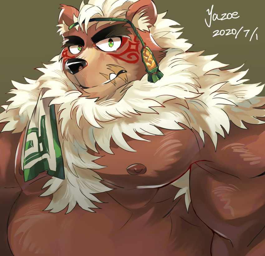 ainu_clothes animal_ears armpit_hair armpit_hair_peek bara bear_boy bear_ears belly brown_fur chest_hair chest_tuft facepaint fat fat_man furry furry_male green_eyes headband highres huge_eyebrows kimun_kamui_(housamo) large_pectorals looking_at_viewer male_focus muscular muscular_male nipples pectorals scar scar_on_face scar_on_mouth tokyo_afterschool_summoners tusks upper_body white_hair yazoe