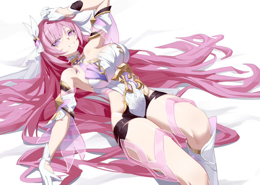 1girl absurdres bare_shoulders breasts dress elf elysia_(herrscher_of_human:ego)_(honkai_impact) elysia_(honkai_impact) feet_out_of_frame freeeeeeeeeee gloves hair_ornament highres honkai_(series) honkai_impact_3rd large_breasts long_hair looking_at_viewer lying pink_eyes pink_hair pointy_ears purple_eyes smile solo very_long_hair white_dress white_gloves