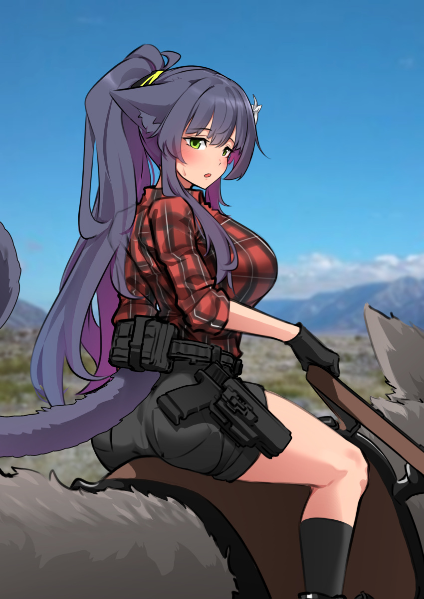 1girl absurdres alternate_costume animal_ears arknights ass black_gloves black_hair black_shorts blue_sky blush breasts cat_ears cat_tail colored_inner_hair commentary day glock gloves green_eyes gun handgun highres jessica_(arknights) jessica_the_liberated_(arknights) k0ng large_breasts long_hair long_sleeves looking_at_viewer multicolored_hair open_mouth outdoors ponytail purple_hair red_shirt revision riding riding_animal shirt shorts sidelocks sky solo tail very_long_hair weapon