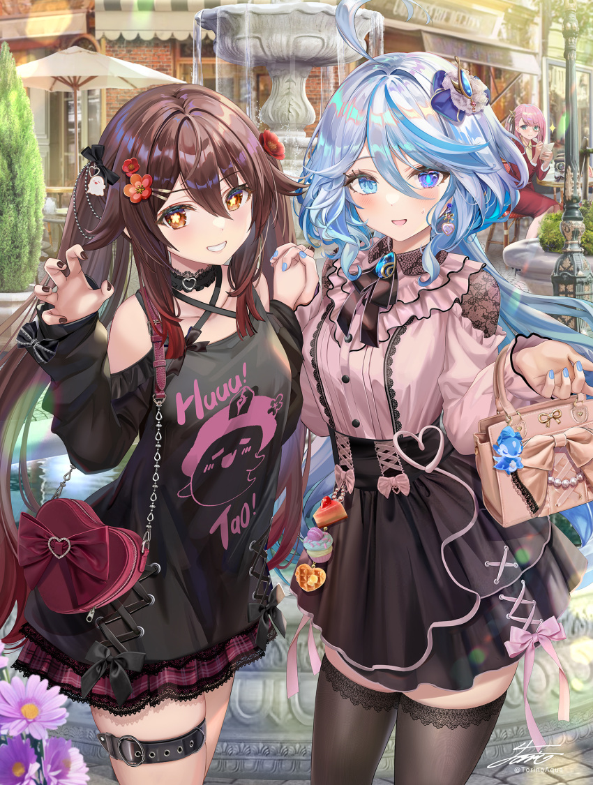 3girls bare_shoulders black_shirt black_skirt black_thighhighs blue_eyes blue_hair blush boo_tao_(genshin_impact) breasts brown_hair charlotte_(genshin_impact) choker earrings flower fountain furina_(genshin_impact) genshin_impact grin hair_flower hair_ornament hairclip highres holding_hands hu_tao_(genshin_impact) jewelry light_blue_hair long_hair long_sleeves looking_at_viewer multicolored_hair multiple_girls off_shoulder open_mouth pink_hair pink_shirt red_eyes red_skirt revision shirt short_hair skirt small_breasts smile streaked_hair symbol-shaped_pupils thigh_strap thighhighs thighs torino_aqua twintails very_long_hair white_hair