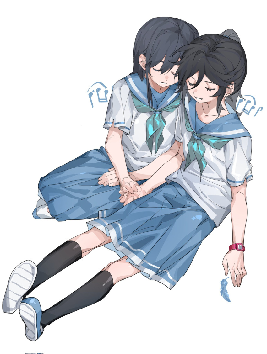 2girls beamed_eighth_notes black_hair black_socks blue_footwear blue_neckerchief blue_sailor_collar blue_skirt closed_eyes commentary feathers full_body hashtag-only_commentary heads_together hibike!_euphonium highres holding_hands kasaki_nozomi kitauji_high_school_uniform kneehighs liz_to_aoi_tori long_hair molu_stranger multiple_girls musical_note neckerchief open_mouth pleated_skirt ponytail sailor_collar school_uniform serafuku shirt short_sleeves simple_background sitting skirt smile socks watch white_background white_shirt wristwatch yoroizuka_mizore yuri