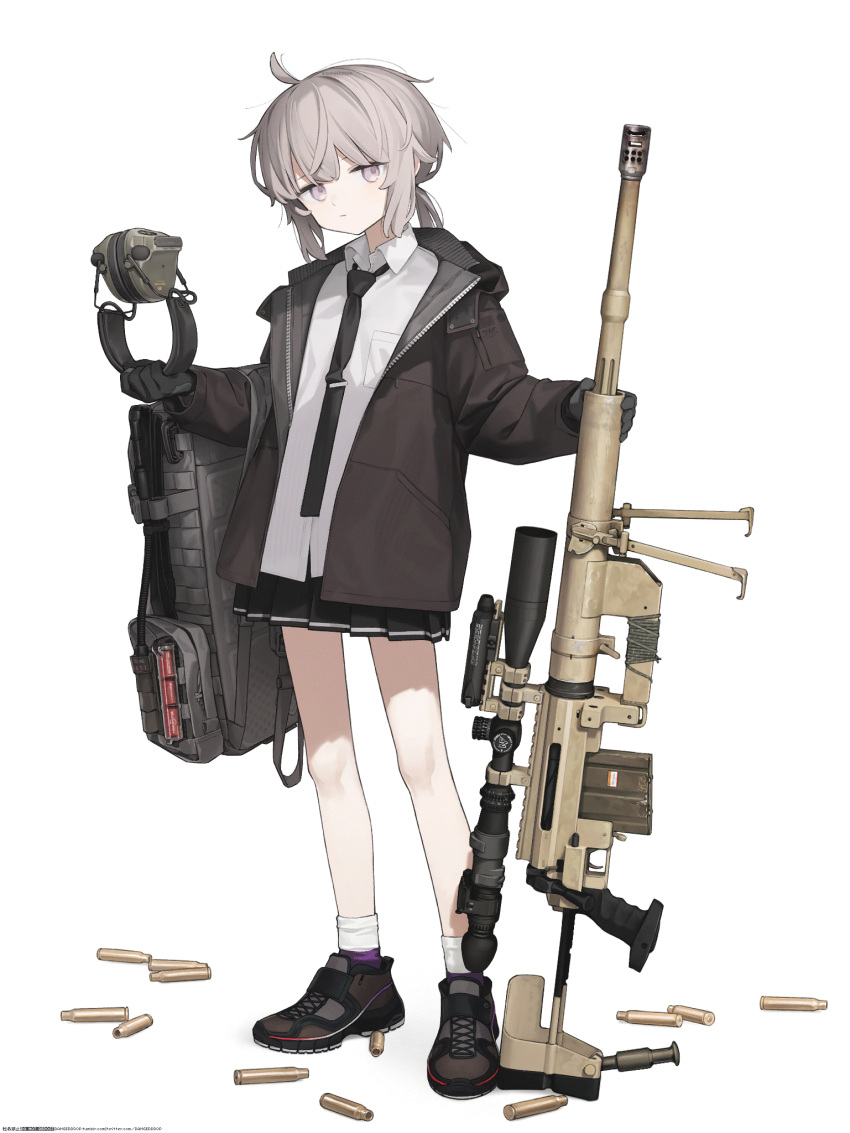 1girl ahoge ankle_socks astg backpack bag black_footwear black_gloves black_necktie black_skirt bolt_action brown_jacket cheytac_m200 closed_mouth collared_shirt ear_protection earphones full_body girls'_frontline gloves grey_hair gun highres holding holding_earphones holding_weapon hood hooded_jacket jacket looking_at_viewer m200_(girls'_frontline) medium_hair messy_hair miniskirt necktie open_clothes open_jacket pleated_skirt ponytail purple_eyes rifle shell_casing shirt shoes skirt sniper_rifle socks solo weapon white_shirt white_socks