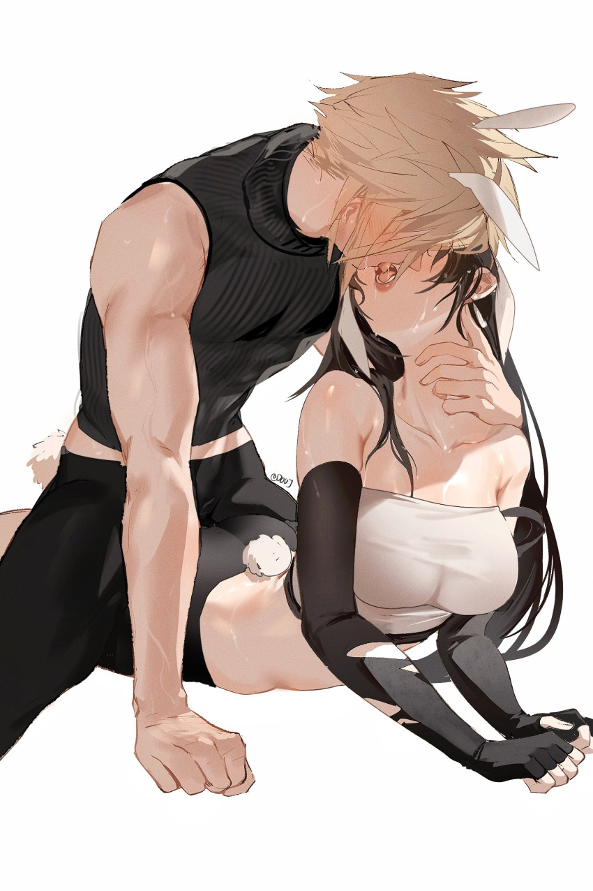 1boy 1girl animal_ears ass black_hair blonde_hair breasts cleavage cloud_strife crop_top duoj_ji elbow_gloves final_fantasy final_fantasy_vii final_fantasy_vii_remake fingerless_gloves french_kiss gloves grinding hetero highres kiss open_mouth rabbit_ears rabbit_tail saliva simple_background sleeveless sleeveless_turtleneck strap_slip tail tifa_lockhart turtleneck