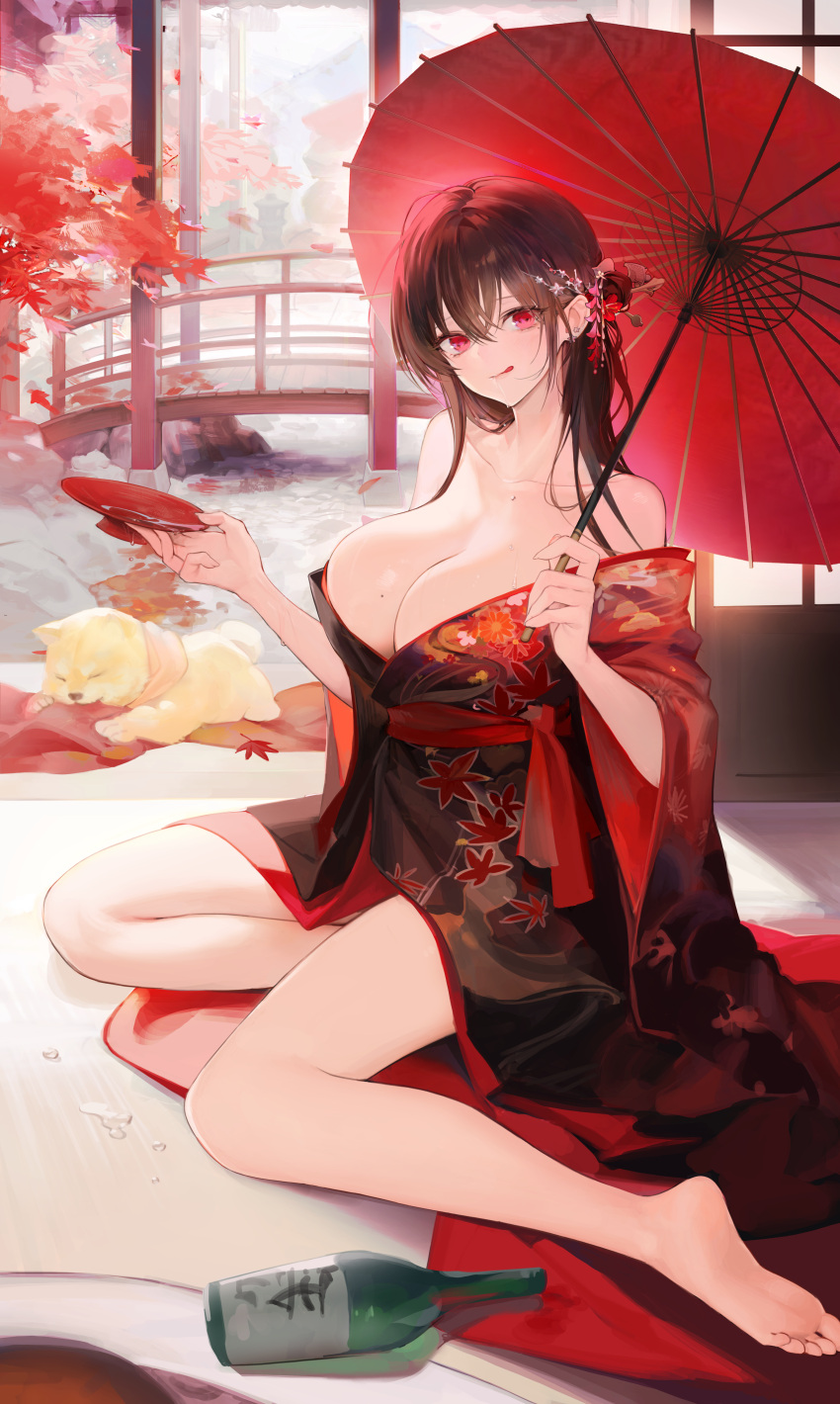 1girl :q absurdres architecture bare_legs bare_shoulders blush bottle breasts brown_hair collarbone commentary cup east_asian_architecture falling_leaves hair_bun hair_ornament hair_stick highres holding holding_cup holding_umbrella large_breasts leaf leaf_print looking_at_viewer maple_leaf maple_leaf_print mole mole_on_breast oil-paper_umbrella original oyabuli red_eyes sakazuki sake_bottle shiba_inu single_side_bun sitting sliding_doors smile soles solo symbol-only_commentary toes tongue tongue_out two-tone_kimono umbrella yokozuwari