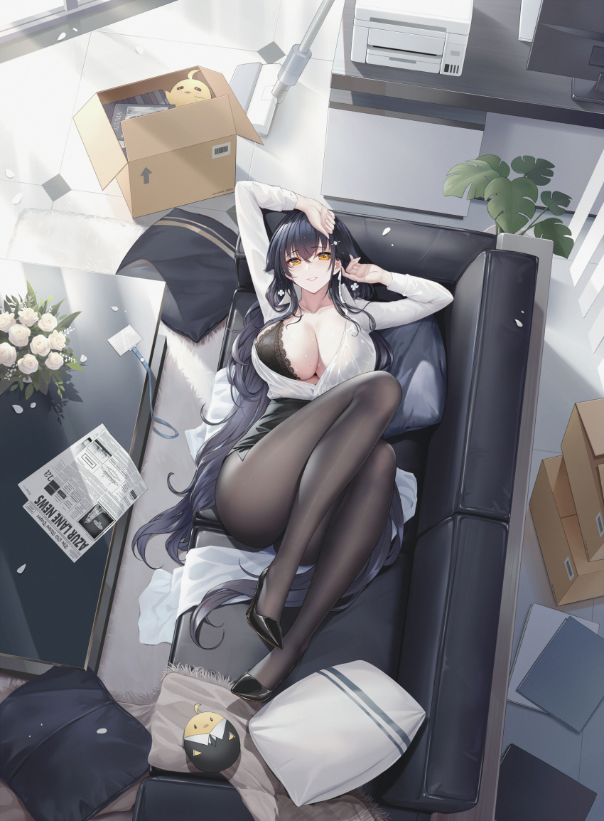 1girl absurdres alexiel_(pixiv6211566) arm_up azuma_(azur_lane) azur_lane black_bra black_hair black_pantyhose black_skirt box bra cardboard_box commentary_request from_above highres legs looking_at_viewer manjuu_(azur_lane) office_lady pantyhose paper pillow plant potted_plant shirt skirt smile soles solo underwear white_shirt yellow_eyes