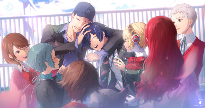 4boys 4girls aegis_(persona) amada_ken android animal aqua_hair arm_around_neck bandaid bandaid_on_face bandaid_on_forehead baseball_cap black_hair black_jacket black_ribbon blonde_hair blue_hair blue_hat blush bow bowtie brown_hair cardigan choker closed_eyes collared_shirt commentary_request dark_blue_hair digital_media_player dog gekkoukan_high_school_uniform grey_fur grey_hair hair_over_one_eye hand_on_another's_head happy_tears hat headphones headphones_around_neck highres iori_junpei jacket jewelry kaori kirijou_mitsuru koromaru_(persona) lips long_hair long_sleeves looking_at_another multiple_boys multiple_girls neck_ribbon necklace one_eye_closed open_clothes open_jacket open_mouth outdoors persona persona_3 persona_3_reload pink_cardigan red_bow red_bowtie red_hair red_sweater_vest ribbon robot_ears rooftop sanada_akihiko school_uniform shirt short_hair smile sweater_vest takeba_yukari tears upper_body white_choker white_shirt yamagishi_fuuka yuuki_makoto_(persona_3)