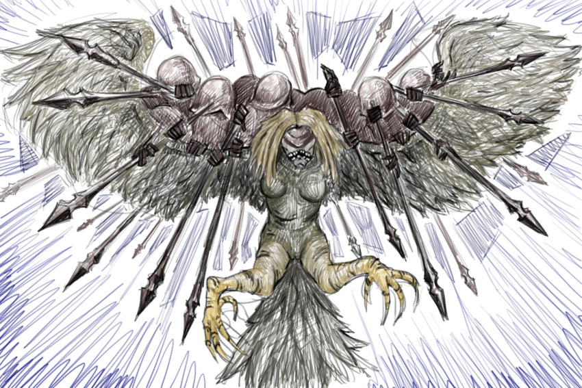 2024 4_toes anthro avian avian_feet bellend_(fear_and_hunger) black_body blindfold blonde_hair breasts brown_body brown_feathers carrying_another claws colored colored_sketch european_mythology faceless fear_and_hunger feathered_wings feathers feet female flying from_behind_position greek_mythology group hair harpy humanoid karin_(fear_and_hunger) long_hair melee_weapon monster moonscorched mounting mythological_avian mythological_creature mythology phallic phallic_looking polearm sex simple_background sketch spear tail tail_feathers talons teeth the_can_master toe_claws toes traditional_media_(artwork) valkyrie_(fear_and_hunger) weapon winged_arms wings